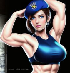 1girls ai_generated athletic biceps blue_eyes brown_hair capcom flexing jill_valentine looking_at_viewer muscle muscular_female pinup resident_evil resident_evil_remake sideboob