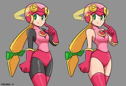 1girls 2019 bodysuit dabloons gloves green_eyes helmet hourglass_figure leotard long_gloves mega_man mega_man_battle_network removing_clothing roll.exe smile thighhighs thighs wide_hips