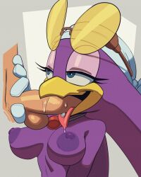 1girls avian beak big_areola bird bird_girl blowjob deep_blowjob deep_throat deepthroat_smile fellatio female female_focus furry green_eyes high_resolution medium_breasts open_mouth oral oral_sex partial_male purple_feathers purple_nipples see-through see-through_cheeks sega sonic_(series) sonic_the_hedgehog_(series) thehumancopier tongue_out wave_the_swallow