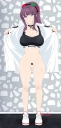 1girls alphadelta artist_name blacked blacked_clothing blush eyebrows_visible_through_hair female female_only light-skinned_female light_skin new_game! nipple_bulge painted_nails ponytail purple_hair pussy queen_of_spades solo spade_tattoo takimoto_hifumi tattoo