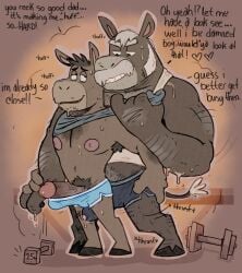 2023 age_difference anthro anthro_on_anthro armpit_hair asinus bodily_fluids body_hair boner bottomwear bowserboy101 bunbunny_(artist) clothing dialogue donkey dumbbell duo english_text equid equine erection facial_hair father father_and_child father_and_son furry gay genital_fluids genitals heart hi_res hooves humanoid_genitalia humanoid_penis incest larger_male male male/male male_only mammal mature_male moustache muscular muscular_male nipples older_male parent parent_and_child penis precum precum_through_clothing pubes shorts size_difference smaller_male smallsrabbit son sweat text weights wet wet_clothing yaoi younger_male