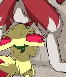 ambiguous_gender balls bodily_fluids duo erection face_fucking fellatio fennekin feral generation_6_pokemon generation_7_pokemon genitals irrumatio knot lycanroc male midnight_lycanroc milachu92 nintendo oral oral_penetration penetration penile pokemon pokemon_(species) saliva sex size_difference