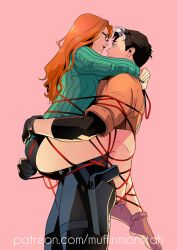 1boy 1girls arms_around_neck arms_around_partner barbara_gordon bare_legs batgirl batman_(series) bondage carrying carrying_partner dc dc_comics embracing face-to-face female ginger hand_around_waist hugging jason_todd legs_around_partner legs_around_waist male male/female muffinmonstah red_hair red_hood_(dc) red_string rope rope_bondage socks straight wholesome