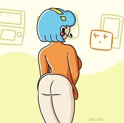 1girls amelia_n. ass ass back_view behind_view blue_hair breasts female hexelart nintendo nintendo_switch orange_shirt shirt