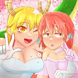 big_breasts blonde_hair blush cleavage dress female glasses instagram_logo instagram_username kobayashi lil_tenka miss_kobayashi's_dragon_maid orange_eyes peace_sign pink_eyes pink_hair tohru_(dragon_maid) twitter_logo twitter_username wholesome