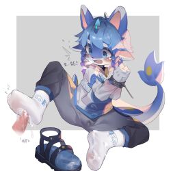 anthro blue_eyes blue_hair blush blushing bodily_fluids bush_(disambiguation) clothed clothing cum cum_on_shoe cum_on_shoes cum_on_sock cum_on_socks cute ejaculation erection feet foot_fetish footwear fur furro furry genital_fluids genitals hair haozi126 hi_res male open_mouth orgasm penis sock_on_penis socks solo tail uncensored