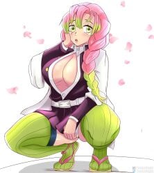 big_breasts boob_window cleavage demon_slayer female flower_petals green_eyes green_hair_tips hand_on_cheek hand_on_own_cheek instagram_logo instagram_username kanroji_mitsuri kimetsu_no_yaiba lil_tenka mole_under_eyes pink_hair sandals squatting stockings thick_thighs twin_braids twitter_logo twitter_username white_background zouri