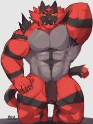 anthro bodily_fluids fangs felid flaccid front_view fur generation_7_pokemon genitals hand_behind_head hi_res humanoid_genitalia humanoid_penis incineroar kneeling male male_only mammal muscular muscular_anthro muscular_male nintendo nude pecs penis pokemon pokemon_(species) radcanine red_body red_fur solo standing sweat sweatdrop teeth yellow_eyes