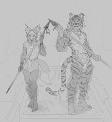 anthro balls canid canine clothing felid fox genitals hi_res jewelry male mammal melee_weapon pantherine penis polearm servali_sketch solo spear tiger translucent translucent_clothing weapon