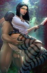 1boy1girl alice_(madness_returns) alice_in_wonderland alice_liddell alice_madness_returns american_mcgee's_alice black_hair cum cum_in_pussy cum_inside dress forz_(artist) grabbing_thighs green_eyes holding huge_ass medium_breasts no_shoes standing_sex stockings