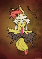 2019 animal_genitalia animal_penis anthro braixen canid canine canine_genitalia canine_penis digital_media_(artwork) dogfurno999 fur generation_6_pokemon genitals hi_res inner_ear_fluff knot looking_at_viewer male male_only mammal multicolored_tail nintendo nipples nude penis pokemon pokemon_(species) presenting presenting_penis simple_background smile solo spread_legs spreading stick tail tuft white_body white_fur yellow_body yellow_fur