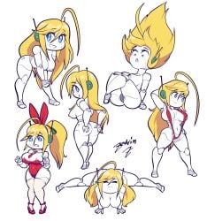 ahoge areola ass big_butt blonde_hair blue_eyes breasts cave_story curly_brace female genitals hair hi_res humanoid machine medium_breasts multiple_poses nipples pose pussy robot robot_humanoid signature simple_background solo text thick_thighs white_body zedrin