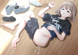 after_rape after_sex barefoot blue_eyes bob_cut bottle clothes_pull cum cum_on_ass drugged earrings empty_eyes feet female half-closed_eyes highres hood hoodie idolmaster idolmaster_shiny_colors jewelry light_brown_hair lying midriff namego3go navel no_shoes nude on_back on_floor open_mouth rape saliva serizawa_asahi shirt shoes shoes_removed short_hair shorts shorts_pull single_earring sleep_molestation sneakers socks_removed soles solo_focus toes water_bottle wooden_floor