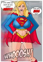 big_breasts blonde_hair blue_eyes breasts busty dc dc_comics dialogue english_text female female_focus hourglass_figure kara_danvers kara_zor-el kryptonian large_breasts lipstick long_hair makeup miniskirt mrfuzzynutz panties skirt speech_bubble supergirl superheroine superman_(series) sweater tagme white_panties wide_hips