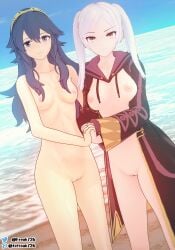 2girls 3d bare_midriff bare_thighs beach blue_eyes blue_hair breasts brown_eyes coat completely_nude fefreak726 female female_only fire_emblem fire_emblem_awakening holding_hands long_hair looking_at_viewer lucina_(fire_emblem) medium_breasts medium_hair midriff multiple_girls naked_coat nintendo nipples nude nude_female ocean outdoors pussy raised_eyebrow robin_(fire_emblem) robin_(fire_emblem)_(female) small_breasts smile smug symbol-shaped_pupils thighs tiara twintails uncensored