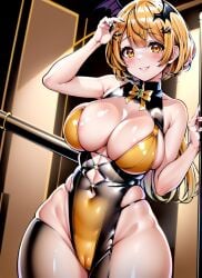 ai_generated big_breasts blonde_hair cameltoe hair_ornament hololive latex latex_clothing short_hair thick_thighs virtual_youtuber wide_hips yellow_eyes yo_dayo_(ai) yozora_mel