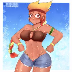 amber_(brawl_stars) bikini boob_window border braid brawl_stars daisy_dukes daisy_dukes_bikinis_on_top female instagram_logo instagram_username lil_tenka medium_breasts multicolored_hair orange_eyes pulling_bikini_string supercell twitter_logo twitter_username white_border