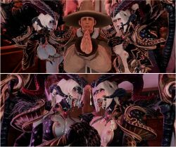 2girls 3d after_oral ahe_gao au_ra before_and_after breasts_out collaborative_fellatio cum cum_on_face cum_on_tongue female final_fantasy final_fantasy_xiv gpose(ffxiv) holding_hands mekinoodles open_mouth praying seductive sharing tagme teamwork tongue_out