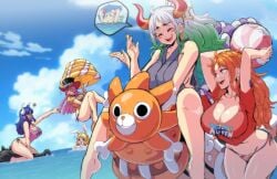 5girls afloat ahoge anthro arm_tattoo arms_behind_head arms_up ass ball bare_legs bare_shoulders barefoot beach beach_ball beachball big_breasts bikini bikini_bottom black_headwear blonde_hair blue_hair blue_sky blue_tattoo blush_stickers breasts brown_eyes busty carrot_(one_piece) cleavage closed_eyes clothes_writing cloud cloudy_sky collarbone curvy drill_hair earrings facing_another female female_focus female_only floating from_side furry furry_female green_hair half-closed_eyes hat highres holding holding_ball holding_beachball holding_umbrella horns huge_ass huge_breasts humor jewelry large_breasts legs_up lewdamone long_hair looking_at_another medium_hair mink minkmen_(one_piece) motion_lines multicolored_hair multiple_girls nami nami_(one_piece) ocean one_piece oni_horns open_mouth orange_eyes orange_hair outdoors partially_submerged perona pink_hair pink_shirt pointing post-timeskip rabbit_ears rabbit_girl rabbit_humanoid red_horns sea seaside shiny_skin shirt short_hair short_sleeves side-tie_bikini_bottom sidelocks sitting sky sleeveless smile speech_bubble straddling swimsuit tattoo teeth thick_thighs thighs thong_bikini thousand_sunny tongue tongue_out top_hat two_tone_hair ulti_(one_piece) umbrella upper_teeth_only voluptuous water white_hair white_horns yamato_(one_piece) yellow_shirt