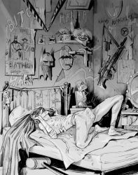 1boy anal_beads batman_(series) bed bedroom blanket blanket_grab bulge cock_bulge dagger dart_board dc_comics doll gun hammer injury klauswanderer knife lamp male_only mallet newspaper obsessed on_bed solo solo_focus solo_male the_joker wound yandere