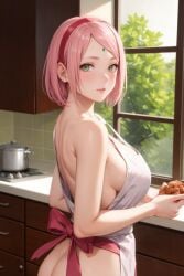 1girls ai_generated apron apron_only ass barely_clothed blush boruto:_naruto_next_generations cooking curvaceous facial_mark female female_only food forehead_mark from_behind functionally_nude green_eyes indoors jordan53 kitchen light-skinned_female light-skinned_male light_skin long_hair looking_at_viewer looking_back milf nai_diffusion naked_apron naruto naruto_(series) no_bra no_panties petite pink_hair sakura_haruno sandemo sideboob solo solo_focus stable_diffusion voluptuous