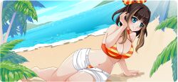 1girls bikini blush brown_hair crush_crush hourglass_figure jean_shorts large_breasts peanut_(crush_crush) sad_panda_studios striped_bikini thick_thighs unbuttoned_shorts