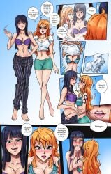 2girls barefoot big_breasts black_hair blush blushing bra breast_to_breast clothing comic dialogue digestion female female_only finger_in_mouth imminent_vore large_breasts lipstick mirror multiple_girls nami nico_robin one_piece orange_hair post-timeskip pre-timeskip reflection shorts skinny tagme taking_clothes_off tattoo time_paradox voraciousmoga vore wide_hips willing_prey willing_vore