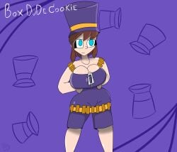 1girls a_hat_in_time aged_up belt blue_eyes boxdudecookie breasts brown_hair female female_only hair_tie hair_tied hat hat_adult hat_kid huge_breasts kyle5021 large_breasts light-skinned_female light_skin overalls ponytail purple_hat purple_overalls solo tied_hair zipper