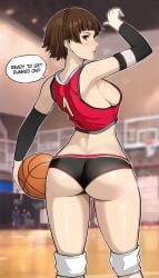 1girls ai_generated ass atlus basketball booty_shorts breasts brown_hair dialogue english_text female gymnasium indoors large_ass large_breasts lepypepy light-skinned_female makoto_niijima megami_tensei persona persona_5 red_eyes short_hair short_shorts shorts sport_shorts sports_bra text thighs tomboy