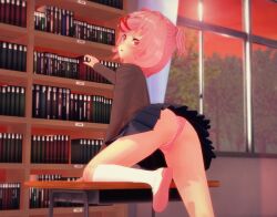 1girls ass ass blue_skirt book bookshelf bookshelves desk doki_doki_literature_club female koikatsu natsuki_(doki_doki_literature_club) panties pink_eyes pink_hair pink_panties school_desk shoes skirt socks socks_and_shoes upskirt window witchanon