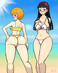 2girls amagi_yukiko angry angry_face beach big_ass big_breasts big_butt bikini black_eyes black_hair blush bra brown_eyes brown_hair female female_only hairband huge_ass huge_butt long_hair looking_at_viewer looking_away looking_back multiple_girls panties persona persona_4 plump plump_ass pose posing pov pov_eye_contact satonaka_chie short_hair shy sinnerspatz sports_bra tight_clothing tight_fit tomboy