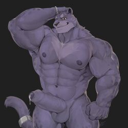 abs absurd_res anthro balls barazoku big_muscles black_body black_fur bladetiger bodily_fluids bracelet erection felid foreskin fur gay genital_fluids genitals hand_on_head hi_res humanoid_genitalia humanoid_penis jewelry male mammal muscular obliques pantherine pecs penis precum solo