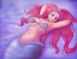 1girls ariel armpits arms_up blue_eyes detailed_eyes disney disney_princess female female_only hands_behind_head hi_res large_breasts long_hair lying mermaid mermaid_girl navel nipples nude on_back pink_mouth pink_nipples png purple_background red_hair saf-404 saf_404 safartwoks safartworks tagme the_little_mermaid underwater very_long_hair white_body