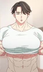 1boy abs animated big_chest big_nipples brown_hair chest_focus jiggling_pecs lifting_shirt male_only muscular muscular_male pecs_focus solo_male tagme video