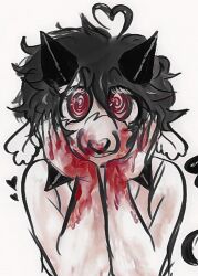 ahoge ambiguous_gender animal_humanoid anthro black_hair blood blood_on_face blood_on_hand bodily_fluids bovid caprine caprine_demon catnipcutter33 demon demon_humanoid didelphid didelphid_humanoid fur goat_demon hair heart heart_ahoge horn humanoid hybrid lust_lester mammal mammal_humanoid marsupial marsupial_humanoid red_eyes sheep solo spiral_eyes white_body white_fur