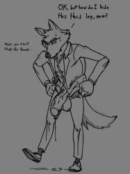 anthro balls canid canine canis clothing dreamworks genitals hi_res humanoid_genitalia humanoid_penis kajy male mammal monochrome mr._wolf_(the_bad_guys) penis the_bad_guys wolf