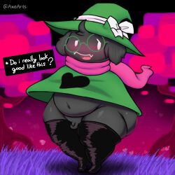 1boy 2d anthro anthro_male anthro_only ass axoarts balls belly big_butt black_body black_fur black_stockings black_thighhighs blush blush_lines bottomless bovid caprine clothing deltarune digital_media_(artwork) english_text eyewear flaccid flaccid_penis front_view fur furry furry_male furry_only genitals glasses goat grass green_clothing green_hat green_headwear green_robe half-closed_eyes hat hat_ribbon headgear headwear heart humanoid humanoid_male humanoid_only legwear male male_only mammal mammal_humanoid narrowed_eyes navel outside penis pink_scarf plant ralsei ralsei_with_black_fur robe scarf small_balls small_penis solo standing stockings teeth testicles text thick_thighs thigh_highs thighhighs tongue tree undertale_(series) white_eyes white_ribbon