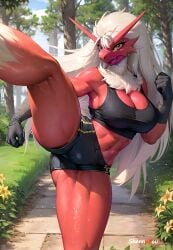 1girls action_pose ai_generated anthro armpits blaziken furry furry_female furry_only gym_clothes gym_shorts gym_uniform pokemon pokemon_(species) red_fur red_skin shennyyou stable_diffusion sweat yellow_eyes