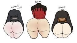 1girls 2boys ass ass_comparison ass_size_chart back_view big_ass blackwhiplash both_sexes_in_same_situation bubble_butt bwl character_sheet demon demon_slayer douma fat_ass femboy huge_ass kimetsu_no_yaiba multiple_girls muzan_kibutsuji nakime standing thick_thighs wide_hips