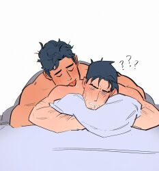 bara batman batman_(series) blush dc_comics drooling gay hugging_pillow januariat108 licking male/male question_mark superman superman_(series) sweat under_sheets yaoi