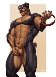 abs amon-sydonai animal_genitalia anthro balls canid canine canis claws collar domestic_dog genitals hi_res holding_balls holding_collar holding_object inviting male mammal mastiff molosser nipples nude open_mouth pecs penis penis_tip rottweiler sheath smile solo