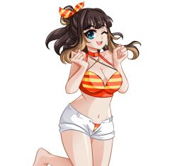 1girls bikini blue_eyes brown_hair crush_crush large_breasts peanut_(crush_crush) sad_panda_studios shorts smile striped_bikini thick_thighs unbuttoned_shorts winking_at_viewer