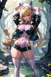 ai_generated animal_ears arms_up bell blonde_hair breasts covered_navel female fluffymammoth goddess_of_victory:_nikke green_eyes highleg jacket large_breasts leotard long_hair neck_bell rupee_(winter_shopper)_(nikke) solo thighhighs