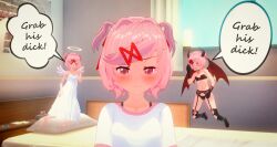 angel angel_wings blush bra demon demon_horns demon_wings devil devil_horns devil_wings doki_doki_literature_club dress english_text female female_only garter_straps hair_intakes halo koikatsu natsuki_(doki_doki_literature_club) pink_eyes pink_hair shoulder_angel shoulder_devil speech_bubble temptation text text_bubble wings witchanon