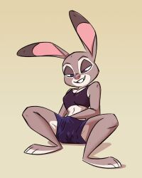 2023 anthro barefoot bottomwear clothed clothed_masturbation clothing crop_top disney ears_up feet female fluttershythekind front_view full-length_portrait fur grey_body grey_fur grin hand_in_pants hi_res judy_hopps lagomorph leporid mammal masturbation midriff portrait purple_eyes rabbit shirt shorts sitting smile solo topwear vaginal_masturbation vaginal_penetration zootopia