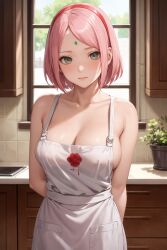 1girls ai_generated apron apron_only arms_behind_back bare_shoulders barely_clothed blush boruto:_naruto_next_generations breasts cleavage curvaceous facial_mark female female_only forehead_mark front_view functionally_nude green_eyes indoors jordan53 kitchen light-skinned_female light-skinned_male light_skin long_hair looking_at_viewer milf nai_diffusion naked_apron naruto naruto_(series) no_bra no_panties petite pink_hair sakura_haruno sandemo solo solo_focus stable_diffusion upper_body voluptuous