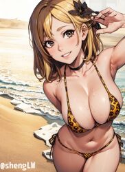 ai_generated beach big_breasts bikini blonde_hair cleavage leopard_print shenglw