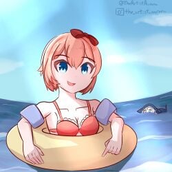 5_fingers beach bikini bikini_top blue_eyes bow breasts cleavage collarbone doki_doki_literature_club female hairbow innertube instagram_username red_bikini red_bikini_top red_bow red_hair_bow red_hairbow sayori_(doki_doki_literature_club) strawberry_blonde_hair theartistaurora twitter_username water