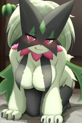 2023 absurd_res adorable anthro big_breasts bikini blep blush breasts cheek_tuft clothing cute cute_face digital_media_(artwork) domestic_cat faroula_twitt felid feline felis female female_anthro female_only fur generation_9_pokemon green_body green_fur green_skin hair hanging_breasts hi_res huge_breasts licking licking_lips looking_at_viewer low-angle_view mammal meowscarada nintendo nude pokemon pokemon_(species) pokemon_sv slit_pupils smile solo solo_female tan_body tan_fur tongue tongue_out translated_description tuft two_tone_body two_tone_fur under_boob