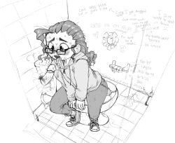 after_oral bathroom clothed clothed_sex dark_hair drool drooling glasses glory_hole graffiti leg_(mcsweezy) mcsweezy messy_hair monochrome toilet tongue tongue_out